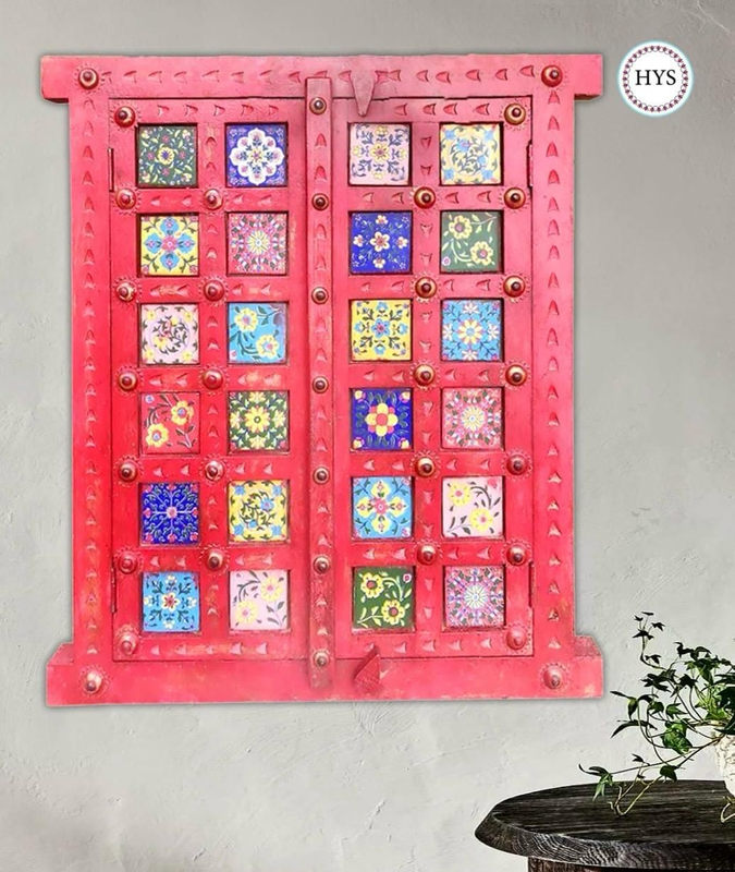 Vintage Style Handcarved Wood & Ceramic Tiles Fitted Brass Work Window/ Handmade Window/ethnic Window.Red