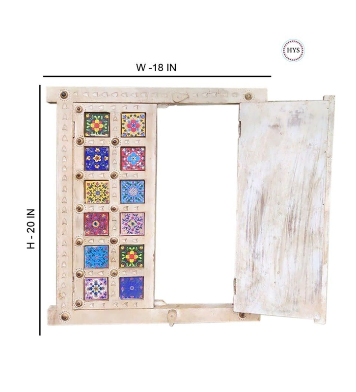 Vintage Style Handcarved Wood & Ceramic Tiles Fitted Brass Work Window/window Frame/ethnic Windows.Green